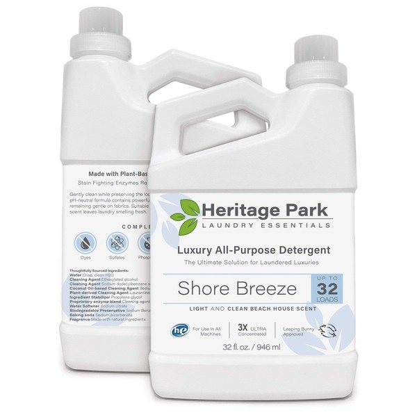 Heritage Park Luxury Laundry Detergent - Shore Breeze Scent - Powerful Cleaning Enzymes - Gentle & Effective, Safe for Delicate Fabrics - pH Neutral, 3X Concentrated Formula - 32 Fl oz