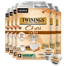 Twinings Chai Latte Black Tea 72 K-Cup Pods for Keurig, 12 Count (Pack of 6), Creamy, Slightly Sweet, Less Sugar, Caffeinated, Enjoy Hot or Iced