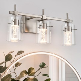 NOVCAND Bathroom Light Fixtures 3-Light, Brushed Nickel Vanity Light Over Mirror Dimmable 3 Color (3000K/4000K/6000K), Eye Protection LED Bathroom Lights Wall lamp Over Mirror with Clear Glass Shade