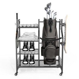 TORACK Golf Bag Storage for Garage, Rolling Golf Bag Stand Holds 1 Bag, Golf Equipment & Accessories Storage Rack with Shelves