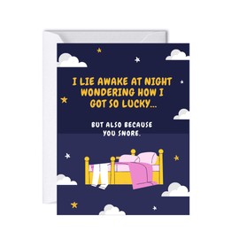 ALY LOU Funny Anniversary Card Birthday Card for Her Him / Husband Boyfriend / Girlfriend Wife / Sarcastic Greeting Card (I lie awake at night wondering how I got to lucky ... snore)