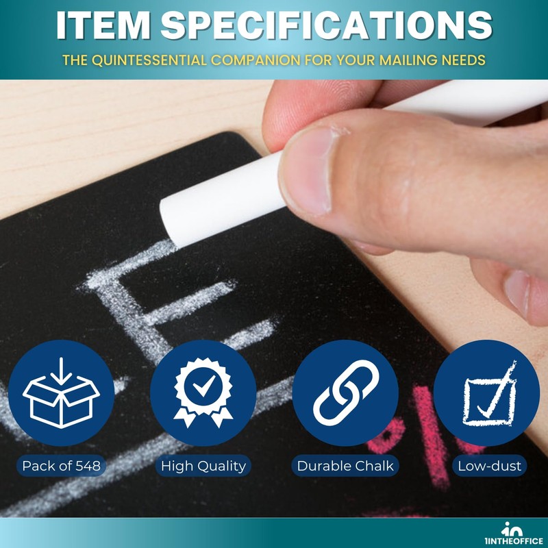 1InTheOffice Blackboard Chalk, White Chalk Dustless, White Chalkboard Chalk, 48