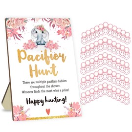 Azbuk Baby Shower Party Games, Baby Pacifier Hunt Baby Shower Games, 50 Pcs Pink Mini Acrylic Pacifiers with Elephant Baby Shower Pacifier Hunt Wooden Sign Board Baby Sets