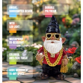Better Office Products Garden Gnome Statue, 12" Height, Handcrafted Waterproof, UV-Resistant Polyresin Lawn Patio Porch Ornament Decoration (Bling Rapper with Solar Light)