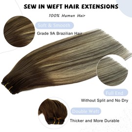 Sew in Hair Extensions Real Human Hair, 16 Inch Ombre Ash Brown to Ash Blonde Balayage Blonde Highlights Wefts Hair Extensions 100G Real Human Hair Weave Bundles Weft Extensions for Women