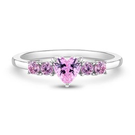 925 Sterling Silver Size 4 Lovely & Cute Pink Round & Heart Cubic Zirconia Rings for Girls - Fashionable CZ Ring Bands for Children & Preteen - Elegant Heart Jewelries for Young Girl's Daily Accessory