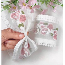 Cinta de encaje con bordado, delicada cinta de bordado de algodón para decoración de boda/novia, costura de manualidades, decoración del hogar, 10 yardas (blanco)