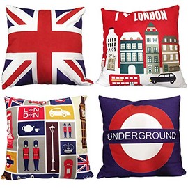 ZBW Impex - Pack of 4 - Luxury Super Soft Velvet London Themed Square Cushion Covers Union Jack Decorative Pillowcase For Home Sofa Bedroom Living Room 18 x 18 inch