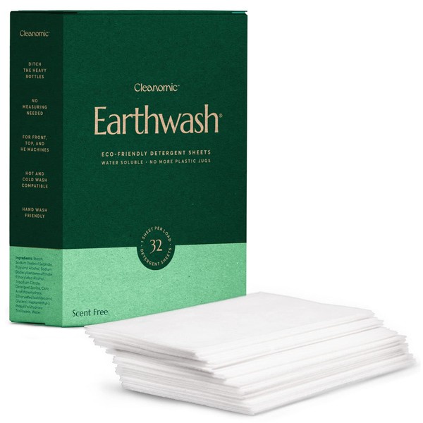 Earthwash Laundry Detergent Sheets (Up To 64 Loads) 32 Scent Free Sustainable Sanitizer Strips - Ideal for Travel & Home Liquidless Laundry by Cleanomic