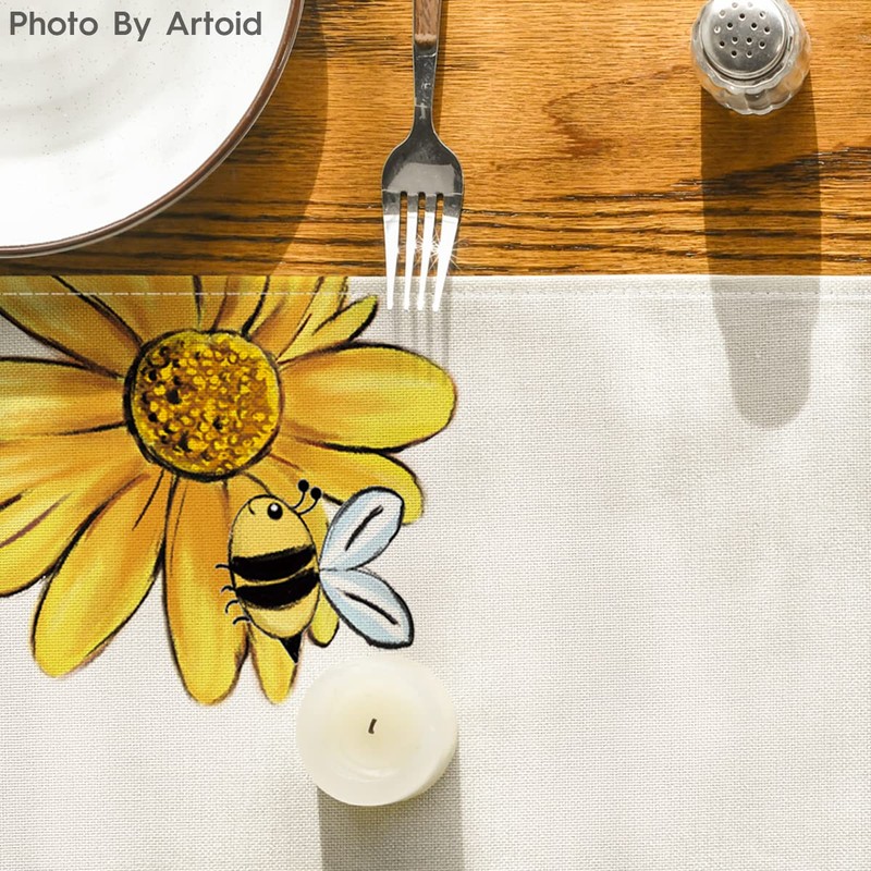 Artoid Mode Beige Bee Sunflower Table Runner, Seasonal Spring Summer