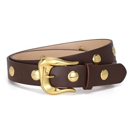 LEACOOLKEY Women Leather Belts for Jeans Dress Fashion Gold Black Leather Belt Women Studded Belt Punk Leather Belt, Gold Coffee, 43": Suit for waist size 30"-34"