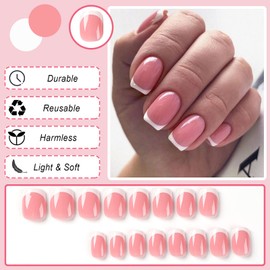 Ceboic 24 Pcs Square Short False Nails, French Tips Press on Nails Acrylic Full Cover Fake Nails, Glossy Removable Stick on Nails with Glue Sticker for Women and Girls (Nude & White Border)