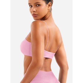 VOYJOY Women Spaghetti Strap Sports Bra Padded Low Support Seamless Impact Cami Square Neck Workout Yoga Bra Crop Top Pink M