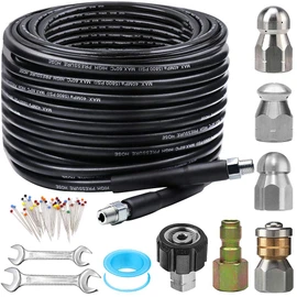 ZOFINE Sewer Jetter Kit for Pressure Washer 100FT, 5800PSI Drain Cleaner Hose 1/4 Inch NPT Corner, Rotating and Button Hose Sewer Jetting Nozzle Pearl Corsage Pin Waterproof Tape with 2 Spanner