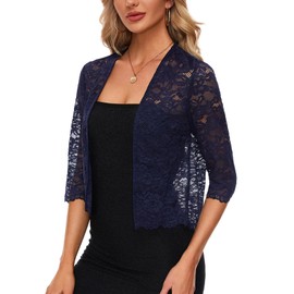 MINTLIMIT Women's Lace Bolero Open Front Cardigan 3/4 Sleeve Cardigan Elegant Bolero Shrug Plain Top, N-marine