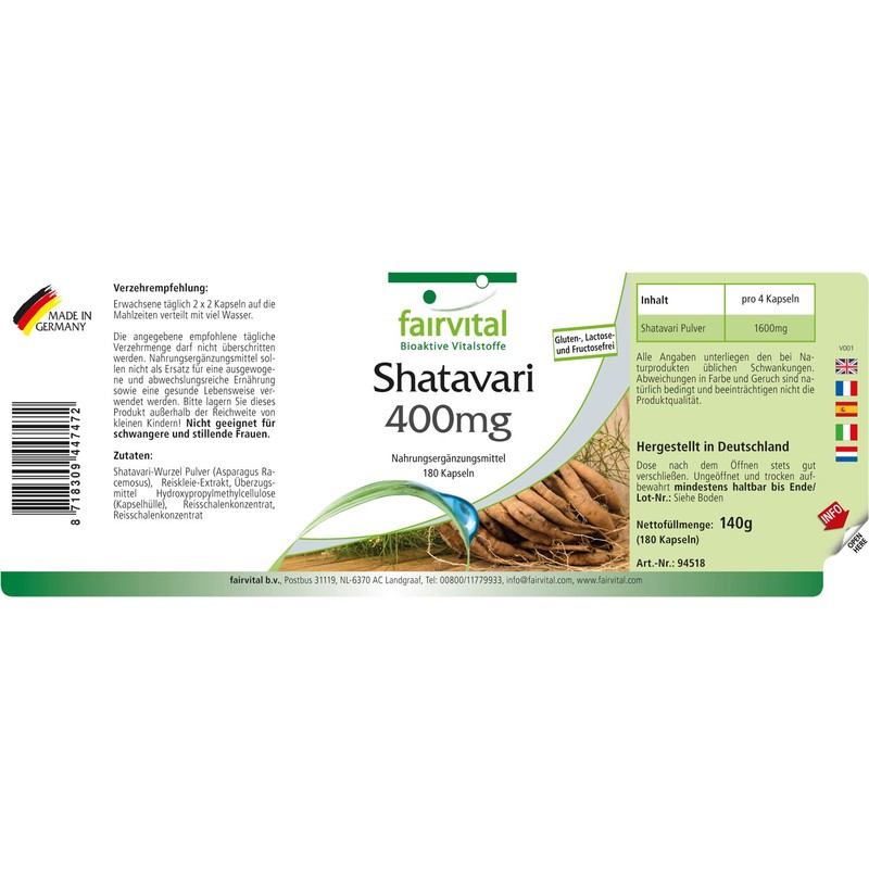Shatavari 400mg - Vegan - HIGH Dosage - 180 Capsules