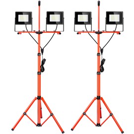 TOMOURD 200W LED Work Light with Stand, 20000 Lumen Super Bright Individual Switch Tripod Worklight, IP65 Waterproof Portable Standing Flood Lights with Adjustable Heights for Garage Workshop 2Pack