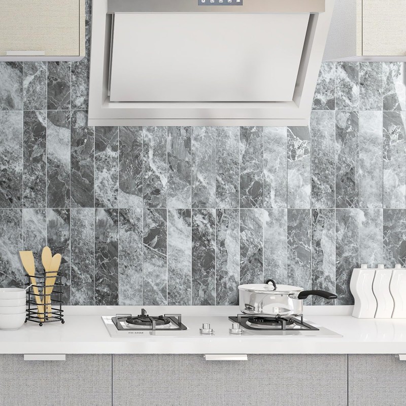 AULIGET 40-Piece Polished Grey Marble with Silver Peel and Stick