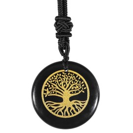SUNYIK Engraved Black Obsidian Crystal Stone Necklace for Women Men Healing Crystal Amulet Round Stone Pendant for Protection with Adjustable Rope 18"-25", Tree Symbol