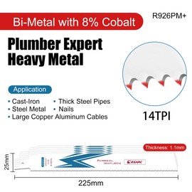 EZARC Reciprocating Saw Blade Bi-Metal Cobalt Sabre Saw Blades for Heavy Metal Cutting 225mm 14TPI R926PM+ (5-Pack)