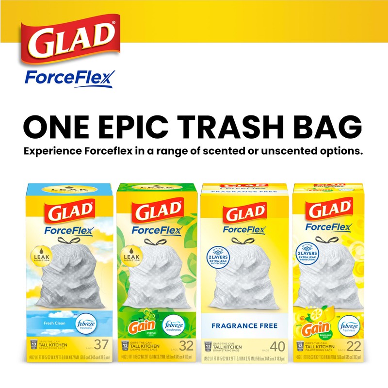 Glad ForceFlex Tall Kitchen Drawstring Trash Bags, 13 Gal, Fragrance