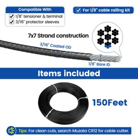 Muzata 150 ft Black Vinyl Coated Wire Rope 1/8" Overmolded to 3/16" 7x7 Strands Coated Stainless Steel Cable for 1/8" Black Cable Railing System Indoor Outdoor WR17