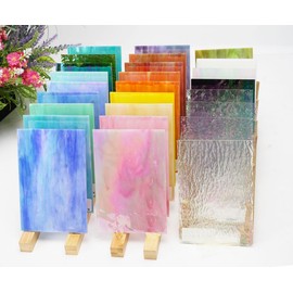 Lanyani 26 Sheets Sparkly Iridescent Stained Glass Sheets Variety Assortment Pack, Opaque Shimmery Art Glass Sheets for Mosaic DIY Glass Crafts,4x6 inches