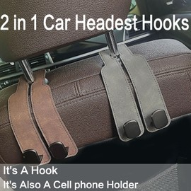 Lgmamob Car Hooks for Headrest, Car Seat Back Storage Hook for Headrest, Coat Mobile Phone Holder Headrest Hooks for Purses and Bags, Car Hooks Leather Seat Back Hooks (Brown)