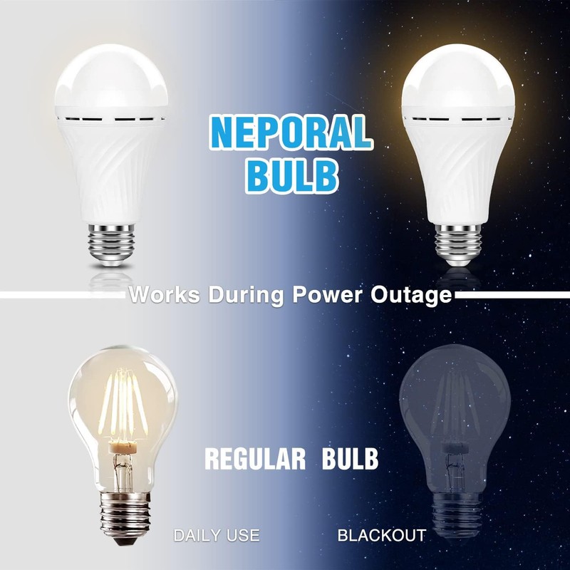 Neporal LITE Emergency Rechargeable Light Bulbs A19, Light Up to