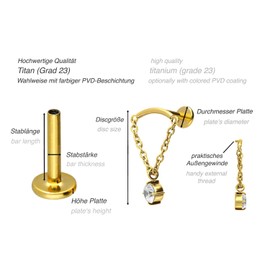 PIERCINGLINE Titanium Labret with Internal Thread Bow + Chain + Crystal Piercing Hidden Helix Ear Choice of Colours and Sizes, Titanium