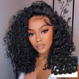 ijoy Burmese Curly Human Hair Wig with Spiral Curls End, 13x4 Lace Front Bob Wigs Tiny Body Wave 180 Density Pre Plucked Brazilian Tiny Knots 14 Inch Lace Frontal Wig Natural Black Blend Curly
