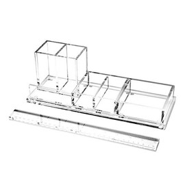 EXPUTRAN Clear Acrylic Desk Organizer 4-Piece Desk Kit + Free Complimentary Acrylic Ruler, Desktop Organization for Office or Home