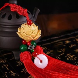 Unbranded Red Boxwood Carving Lotus Flower Car Rear view Mirror Pendant Lucky Safety Hang