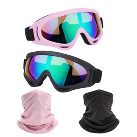 LJDJ Motorcycle Goggles,2 Pack Dirt Bike ATV Motocross Riding Hiking Protective with 2 Pack Neck Breathable Bandana Mask (Light pink + Black/Colorful)