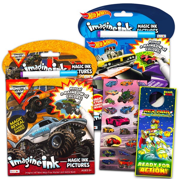 Monster Jam and Hot Wheels Magic Ink Coloring Book Set Kids Toddlers - Bundle with 2 Imagine Ink Coloring Books with Invisible Ink Pens, Racecar Stickers and Door Hanger