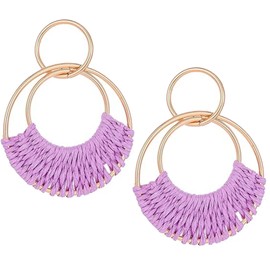 Rattan Weave Earrings Boho Summer Raffia Hoop Dangle Earrings for Women Bohemian Raffia Braid Straw Wicker Round Drop Earrings Lightweight Beach Party Statement Earrings Jewelry(purple)