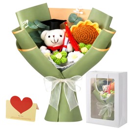 SIMDAO Bouquet di fiori all'uncinetto, fatto a mano, set regalo con sacchetto regalo e biglietto di auguri, bouquet di rose artificiali e girasoli per lauree e compleanni (verde)