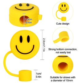 Whaline 6Pcs Groovy Smile Face Straw Covers 0.4 Inch Silicone Reusable Round Straw Topper Double Sided Pattern Straw Tip Covers for 30 & 40 OZ Tumbler with Handle