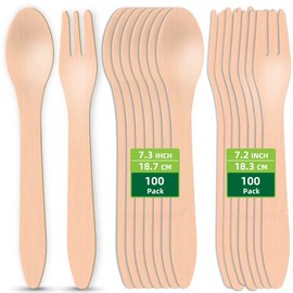 HOMURG Holz Einwegbesteck Gabel und Löffel Set Großpackung 200 Stück, Partybesteck Besteckset mit 100 Pommes Gabel und 100 Kochlöffel, Holzbesteck mit Kuchengabel und Menülöffel für Party 100 Personen