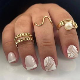 Petite Press on Nails Short Square SWEKKE French Tip Fake Nails White Full Cover White Swirl False Nails with Designs Gold Line Glossy Glue on Nails Acrylic Nails Artificial Nails for Women Girls 24Pcs