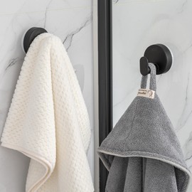 TAILI Bathroom Towel Hooks Black with Vacuum Suction Cups 2 Pack No Drilling Reusable Metal Bathroom Suction Hooks Waterproof Heavy Duty Removable Hanger for Towel, Robe-Round Type A