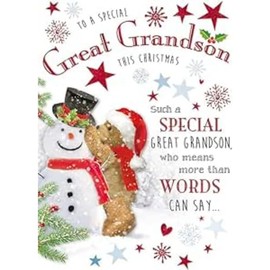 Regal Publishing Character Christmas Card, Great Grandson, Bear & Snowman - 9 x 6 inches - Piccadilly Greetings