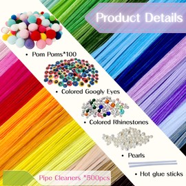 YYUENGTAK 500 pcs and 25 Assorted Colors Pipe Cleaners Craft kit, 12 inch Chenille Stems for DIY Art Creative Crafts Decorations（Colored Googly Eyes,Colored Pompoms,Pearl,Colored Rhinestones）