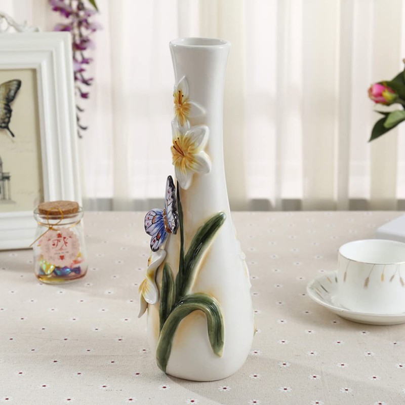 FORLONG Ceramic Vase, Hand-Painted Butterflies and Lilies Flowers Home Decor