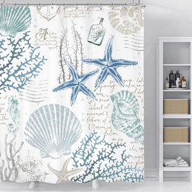 Omifly Nautical Coastal Shower Curtain 60Wx72H Inch Starfish Seashell Coral Bathroom Set Vintage Underwater Marine Retro Anchor Sea Horse Ocean Beach with 12 Hooks Fabric Waterproof Accessories Decor