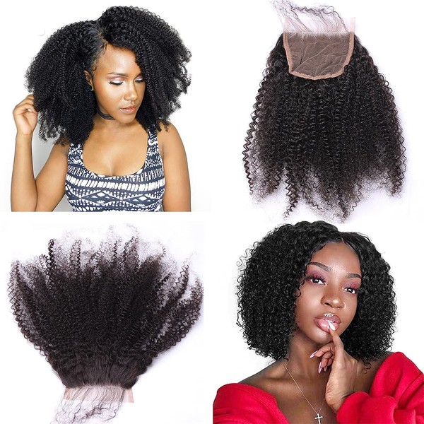 Nicewig 100% Raw Remy Virgin Mongolian 4b 4c Afro Kinky Curly Human Hair Lace Closure with baby hair 4"x4"Swiss Lace Free Part Bleached Knots 16"