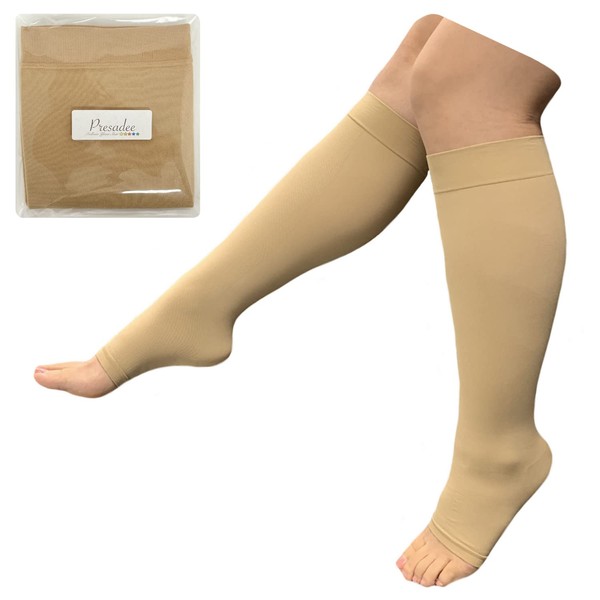 Presadee 8-15 mmHg Light Compression Leg Calf Circulation Fatigue Travel Daily Wear Extra Wide Knee High Traditional Socks Open Toe (Nude, L/XL)