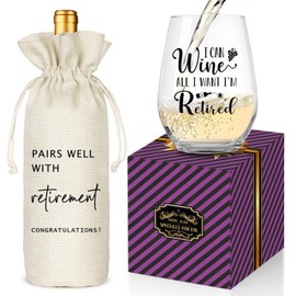 Retirement Gifts for Women Men, Funny Retirement Wine Glass and Wine Bag Set, Best Retirement Gifts for Friends Cowkers Doctors Nurses Teachers Boss-PAIRS WELL WITH RETIREMENT (Retired-Beige)