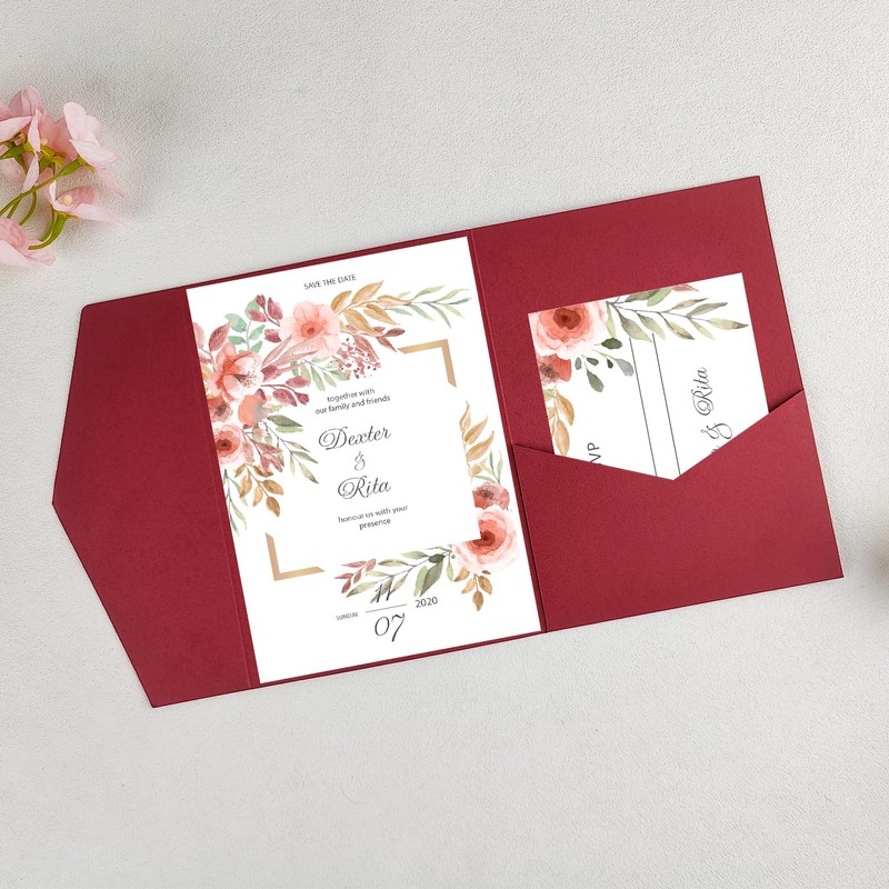 20 PCS Burgundy Tri-fold Laser Cut Wedding Invitation Pockets for