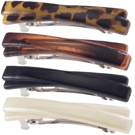 SmallCat 4PCS 2.5 Inch Tortoise Shell Hair Clips for Women, Classic French Hair Barrettes, Curved Glossy Hair Accessories for Women Thick Long Hair (Black, White, Leopard Color, Amber)